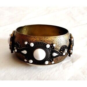 Antique Look Chunky Brass Bangle Bracelet with White Stones